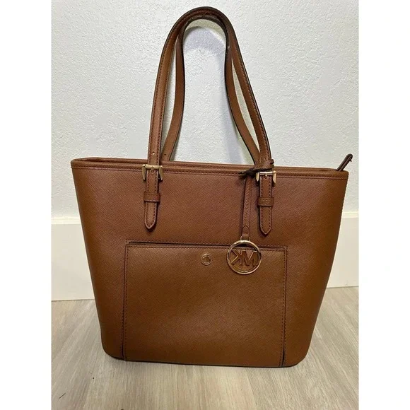 Michael Kors Brown Leather Tote Bag Gold‎ Tone MK Logo - Picture 2 of 11
